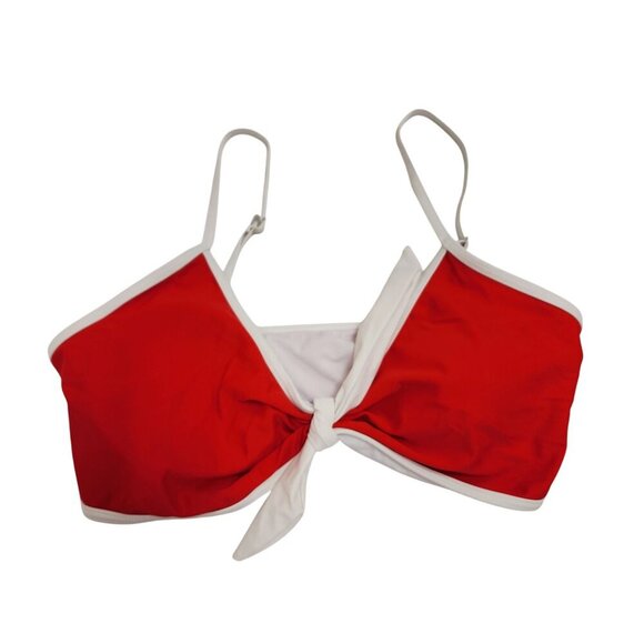 Red High-Waist Bikini Swimsuit White Trim Tie-Front Top Adjustable Straps Size L - Picture 4 of 5